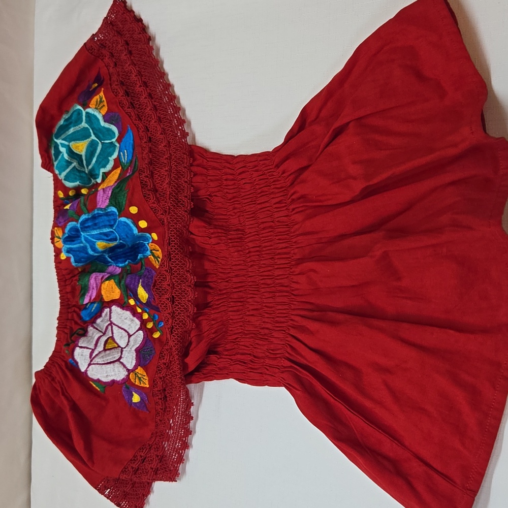 Vibrant Red Floral Embroidered Blouse